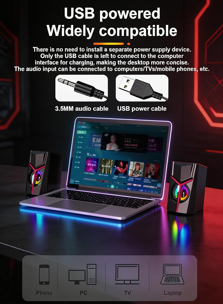 LOOPITYS RGB Gaming PC Speakers,2.0 Channel Stereo Desktop Computer Speakers,6W USB Powered 3.5mm AUX‑in Wired Speaker with Colorful LED Light for Laptop Desktop Phone - Image 4