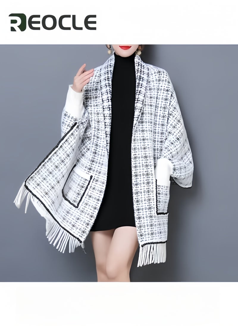 Women's Warm Shawl Open Front Poncho Cape Plaid Shawls Knit Fringe Shawl Wraps Warm Capes Winter Cardigan Wrap Printed Ponchos