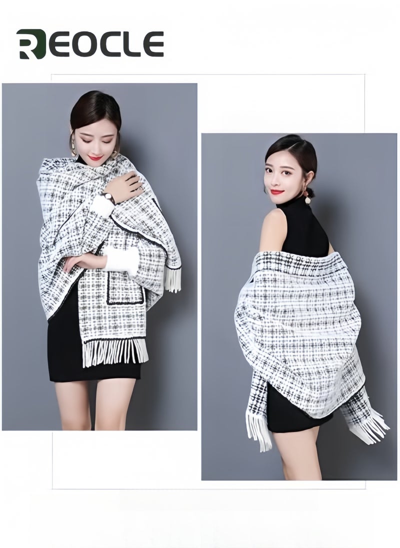 Women's Warm Shawl Open Front Poncho Cape Plaid Shawls Knit Fringe Shawl Wraps Warm Capes Winter Cardigan Wrap Printed Ponchos