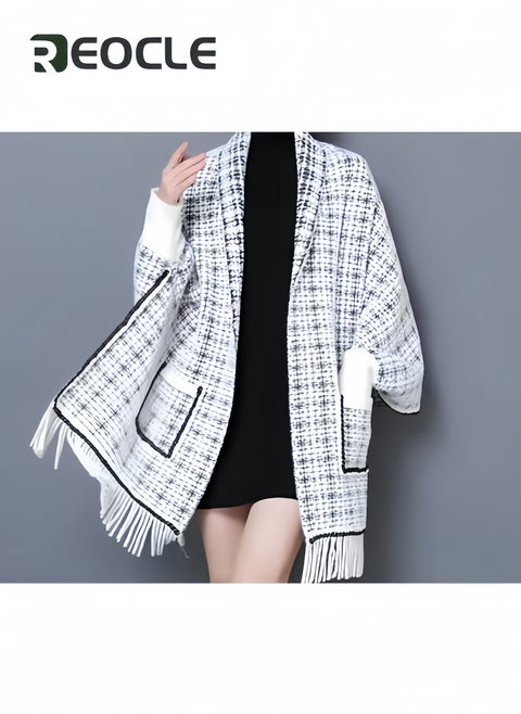 Women's Warm Shawl Open Front Poncho Cape Plaid Shawls Knit Fringe Shawl Wraps Warm Capes Winter Cardigan Wrap Printed Ponchos