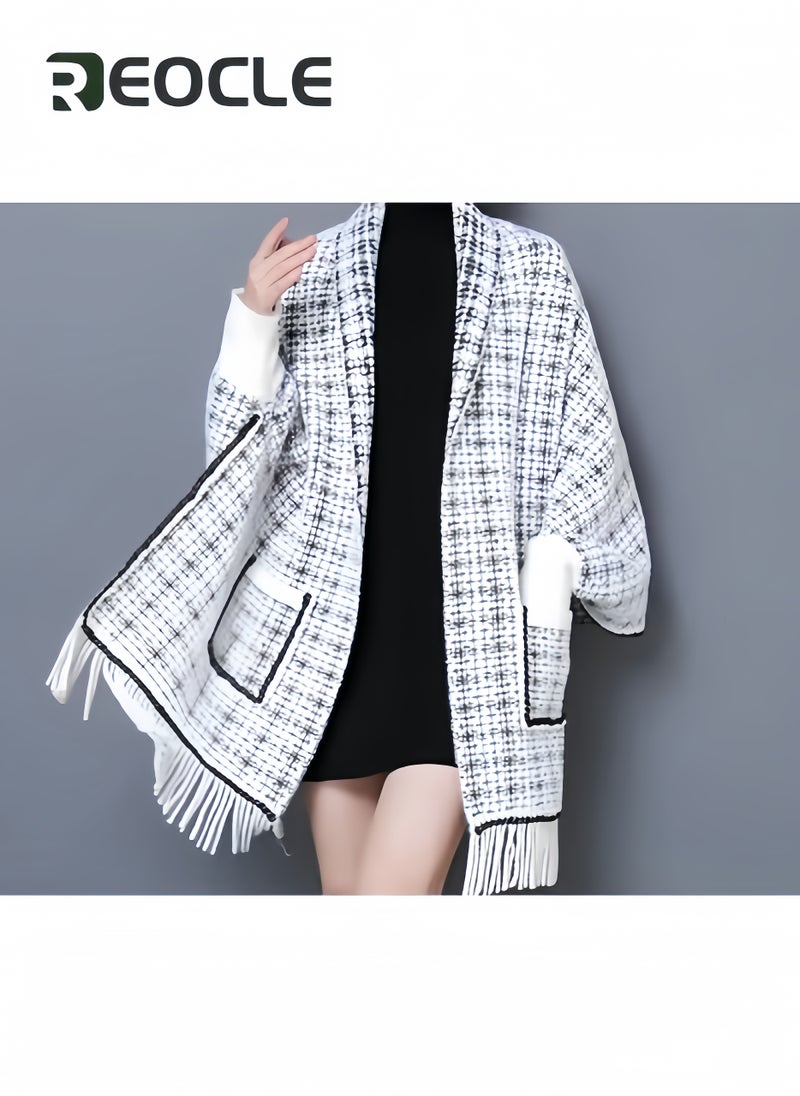 Women's Warm Shawl Open Front Poncho Cape Plaid Shawls Knit Fringe Shawl Wraps Warm Capes Winter Cardigan Wrap Printed Ponchos