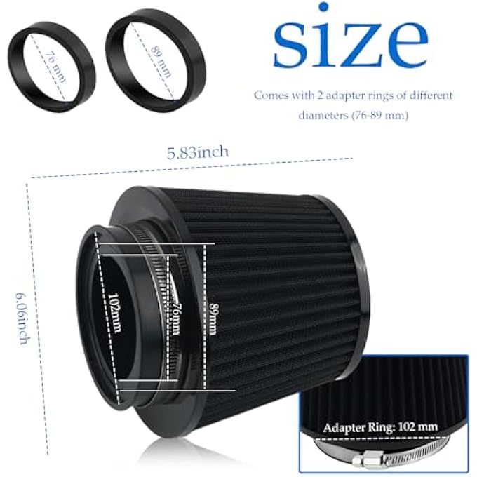 CXCCOI Cold Air Intake Filter with 76,89,102mm Adapter Ring,Round Cone Air Filter for Enhanced Engine Power,High-Performance Cold Air Intake Kit for Most Vehicles - Image 2