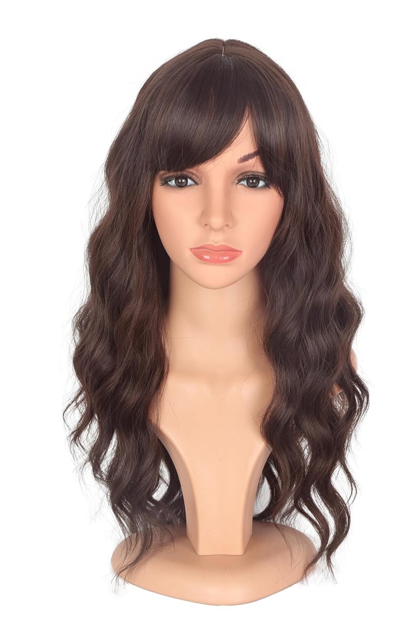 Medium Long Brown Wavy Wigs For Women Synthetic Full Hair Wigs With Bangs For Daily Use brown