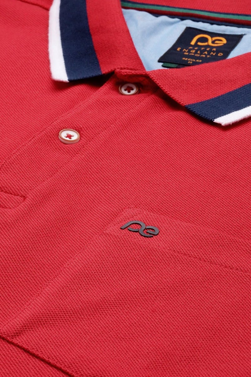 Peter England Men Red Solid Polo Neck Polo T-Shirts - Image 2