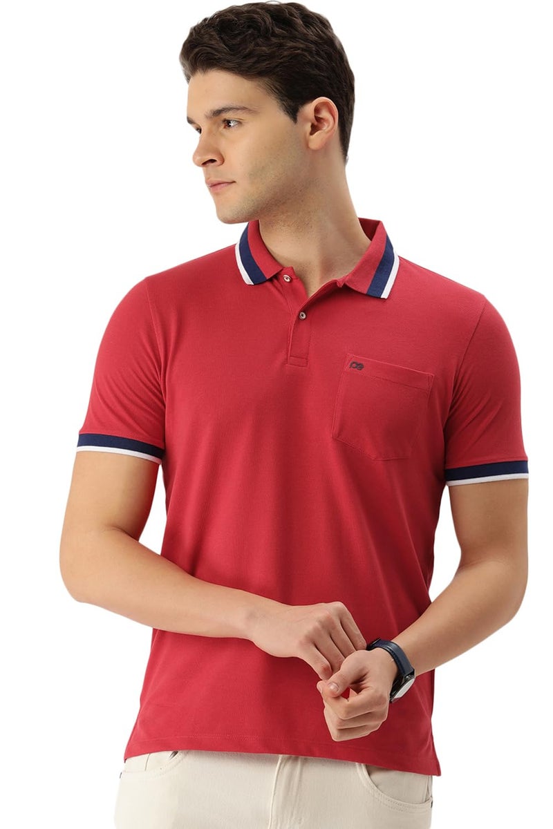 Peter England Men Red Solid Polo Neck Polo T-Shirts - Image 1