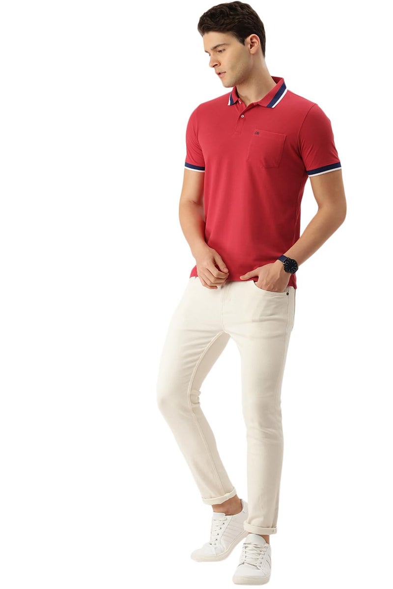Peter England Men Red Solid Polo Neck Polo T-Shirts - Image 5