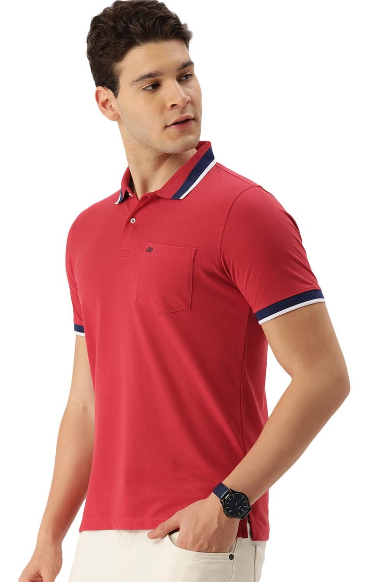 Peter England Men Red Solid Polo Neck Polo T-Shirts - Image 3