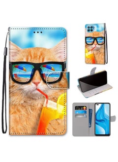 Case Cover For OPPO F17 Pro / A93 4G / Reno4 Lite / Reno4 F Coloured Drawing Cross Texture Horizontal Flip PU Leather Case with Holder & Card Slots & Wallet & Lanyard Cat Drinking Soda