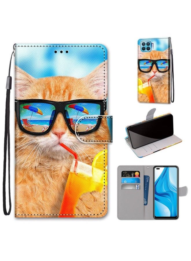 HuHa Case Cover For OPPO F17 Pro / A93 4G / Reno4 Lite / Reno4 F Coloured Drawing Cross Texture Horizontal Flip PU Leather Case with Holder & Card Slots & Wallet & Lanyard Cat Drinking Soda 