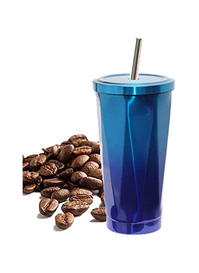 HOOKOR 500ml Stainless Steel Travel Tumbler with Leakproof Lid and Straw, Vacuum Insulated Coffee Cup for Hot or Cold Drinks, Reusable Office and Car Mug (Black & Blue)  - Image 1