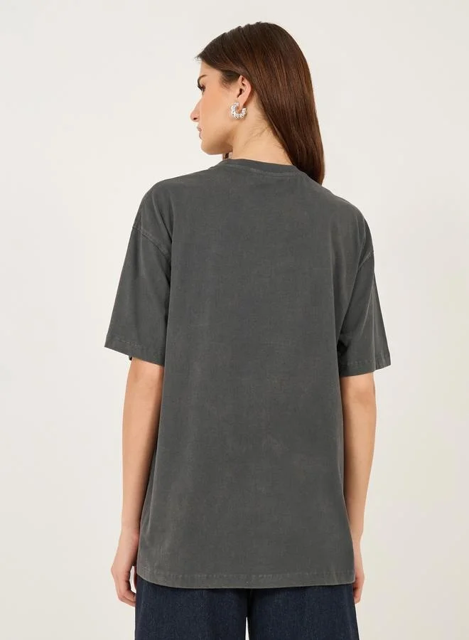 Styli Solid Textured Heart Detail Round Neck Oversized T-Shirt