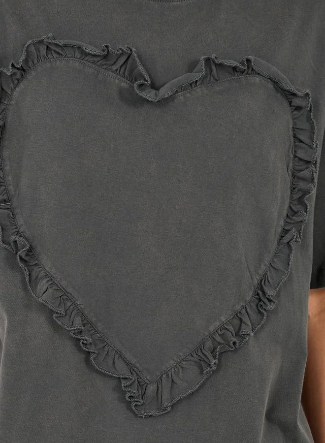 Styli Solid Textured Heart Detail Round Neck Oversized T-Shirt