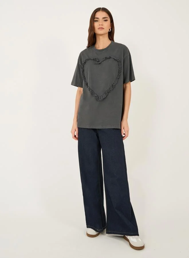 Styli Solid Textured Heart Detail Round Neck Oversized T-Shirt