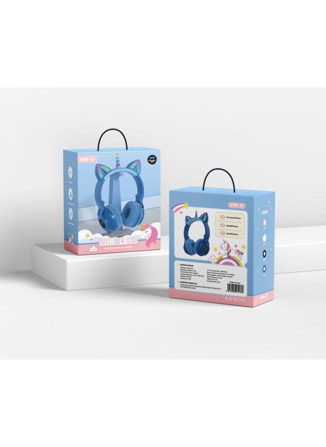 Generic 2021 Head-mounted Unicorn Cartoon LED Luminous Stereo Bluetooth Card Headset STN-27-Color:Blue  - Image 1