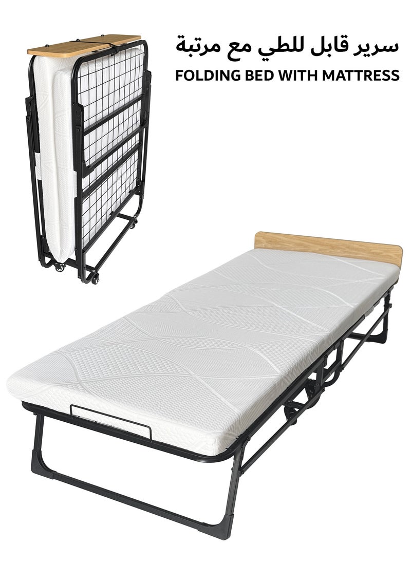 RENOVO Folding Bed Size 190*78*30cm with 7cm Memory Foam Mattress Included, Rollaway Bed for Guest, Space-Saving Portable Foldable Bed with Headboard, Black  - Image 1
