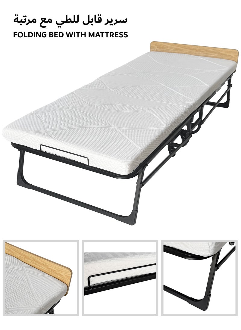 Folding Bed Size 190*78*30cm with 7cm Memory Foam Mattress Included, Rollaway Bed for Guest, Space-Saving Portable Foldable Bed with Headboard, Black