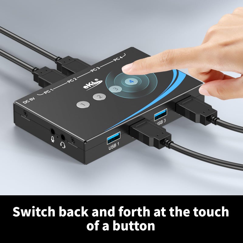 eKL USB 3.0 Switch 4 Computers Share 4 USB 3.0 Ports USB Switcher for PC Laptop Mouse Keyboard Scanner Printer One Button Switch with 3.5mm Headphone Jack and 4 Pack Cables - Image 3