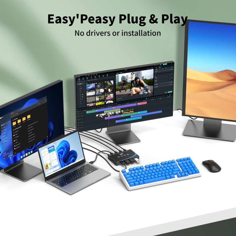 eKL USB 3.0 Switch 4 Computers Share 4 USB 3.0 Ports USB Switcher for PC Laptop Mouse Keyboard Scanner Printer One Button Switch with 3.5mm Headphone Jack and 4 Pack Cables - Image 2