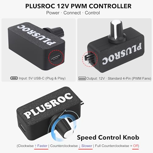 PlusRoc 12V PWM PC Fan Controller Pro with USB Type-C Power Cable & 4-Pin 5-Way Fan Hub Splitter, DC 12V Fan Speed Controller, 15–18W Output(Pro) - Image 2