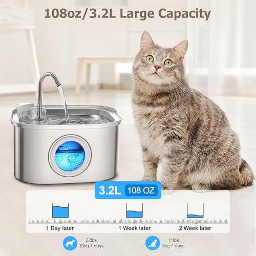 ELEXIQ Cat Water Fountain, 3.2L/108oz Automatic Stainless Steel Pet Dog Water Dispenser with Super Quiet&Transparent Window Design Ideal for Cats,Dogs (Steel, Square 3L-1) - Image 5