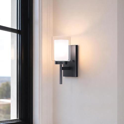 XiNBEi Lighting Wall Light, Classic Indoor 1 Light Black Vanity Sconce Light with Dual Glass Shade for Bathroom Kitchen & Living Room XB-W1276-1-MB - Image 2