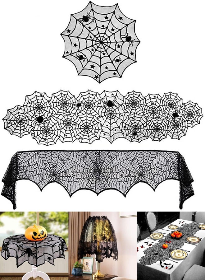 Spider Web Lace Tablecloth Black Lace Mesh Fireplace Scarf Long Tablecloth Decoration Halloween (3PCS) - Image 1