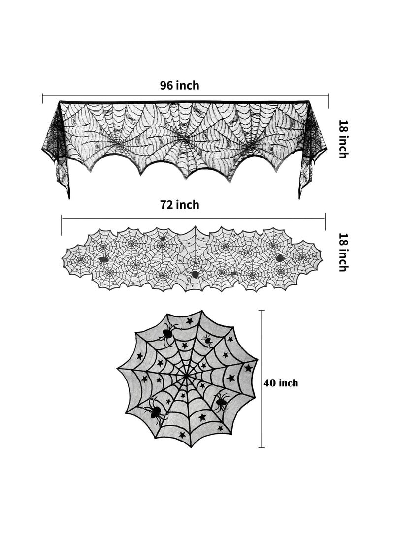 Spider Web Lace Tablecloth Black Lace Mesh Fireplace Scarf Long Tablecloth Decoration Halloween (3PCS) - Image 2