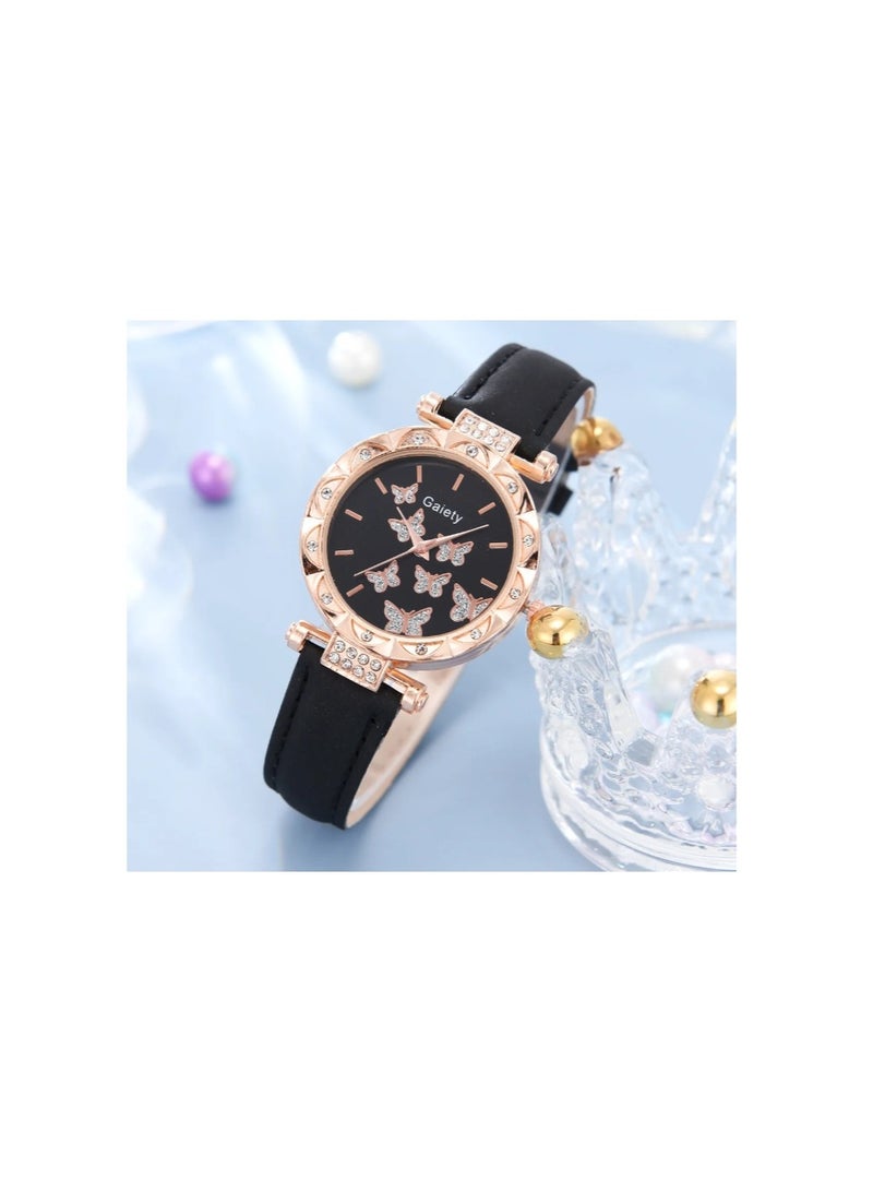 Beautiful Flower Dial Diamond Watch Women Leather Band Girls Watches & 5pcs Butterfly Necklace Earring Jewelry Set - Image 2