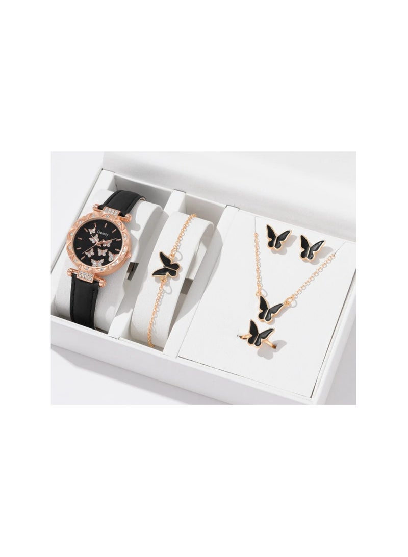 Beautiful Flower Dial Diamond Watch Women Leather Band Girls Watches & 5pcs Butterfly Necklace Earring Jewelry Set - Image 1