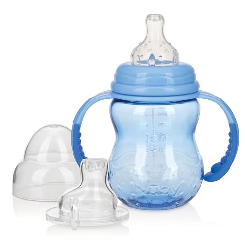 Nuby 3 in 1 Baby Bottle to Training Sippy Cup 8 Oz Toddler Cups Spill Proof with Soft Spout Nipple Removable Grip Handles Dishwasher Safe Blue - Image 1