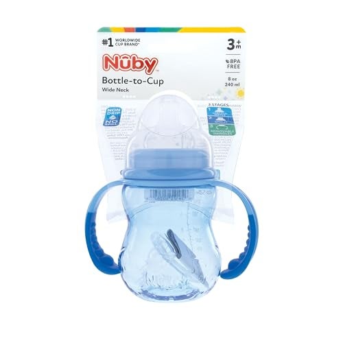 Nuby 3 in 1 Baby Bottle to Training Sippy Cup 8 Oz Toddler Cups Spill Proof with Soft Spout Nipple Removable Grip Handles Dishwasher Safe Blue - Image 3