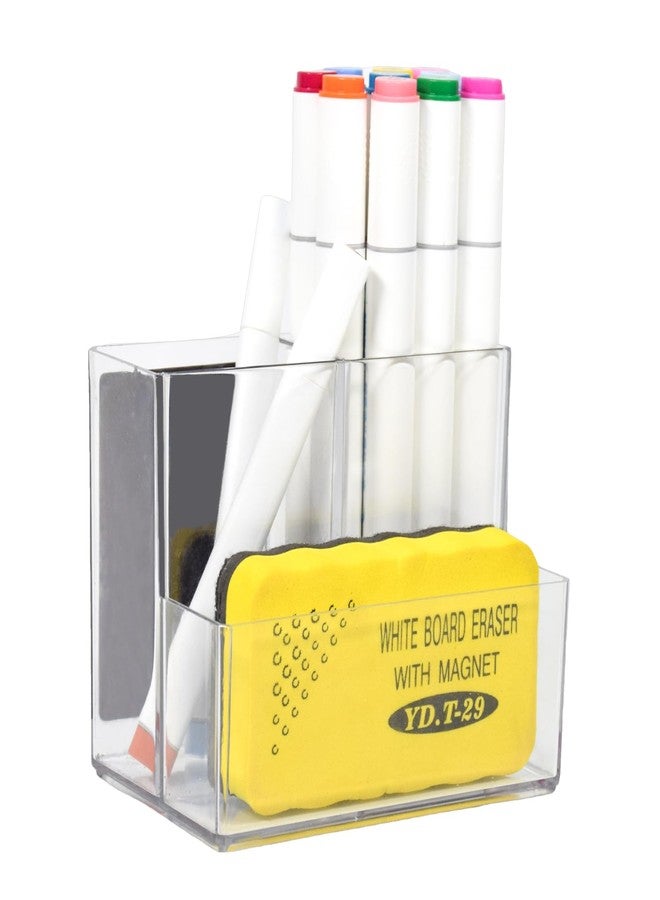 SAYEEC Acrylic Pen Holder Magnetic Dry Erase Marker Holder with 2 Magnet Sheets 3 Compartments Clear Desk Makeup Brush Organizer Pencil Cup Caddy for Fridge Whiteboard Lockers Cosmetic Office School - Image 1