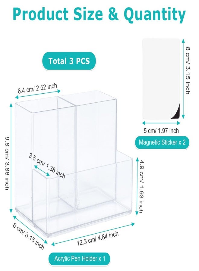 SAYEEC Acrylic Pen Holder Magnetic Dry Erase Marker Holder with 2 Magnet Sheets 3 Compartments Clear Desk Makeup Brush Organizer Pencil Cup Caddy for Fridge Whiteboard Lockers Cosmetic Office School - Image 2