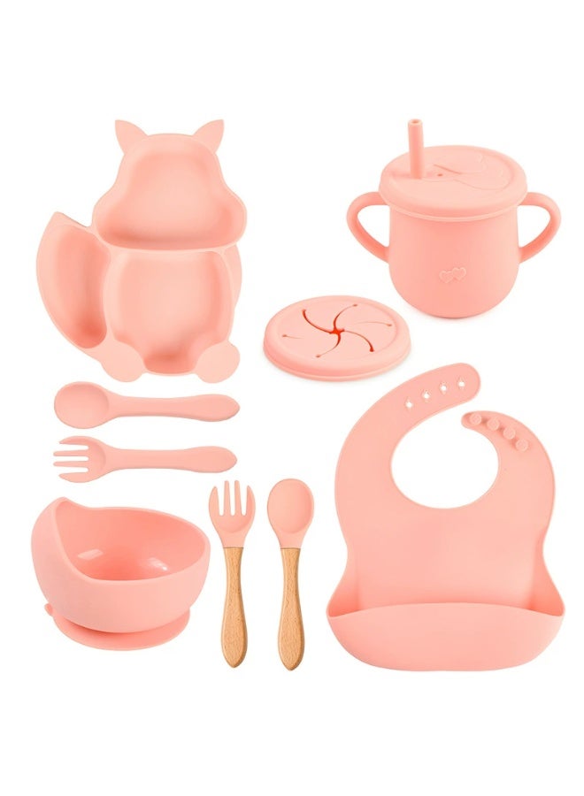 8 Pcs Baby Feeding Set, Food-grade Silicone Baby Tableware Set, Squirrel Baby Cutlery and Plates Set, Non-Slip Infant Dinnerware Set, Baby Self Feeding Utensils