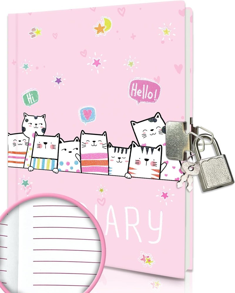 GINMLYDA Cat Diary with Lock for Girls, 7x5.25 Inches 160 Lined Pages Secret Kids Diary Cute Cats Journal with Lock and Keys Notebook for Girls Birhtday Gifts for 5-10 Years Old - Image 1