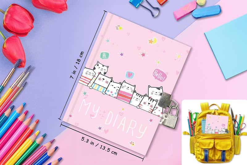 GINMLYDA Cat Diary with Lock for Girls, 7x5.25 Inches 160 Lined Pages Secret Kids Diary Cute Cats Journal with Lock and Keys Notebook for Girls Birhtday Gifts for 5-10 Years Old - Image 3