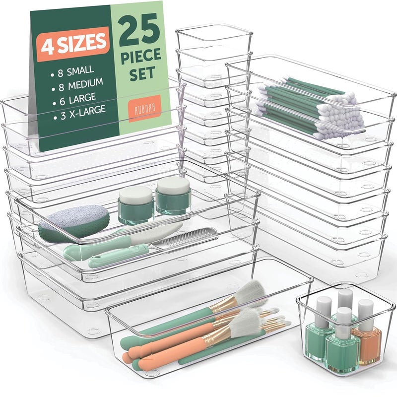 RUBOXA Multiple Drawer Organizer 25 PCS Clear Plastic Drawer Organizers for Home Organization and Storage Including 4 Sizes Small Organizer Bins NonSlip Pads for Bathroom Kitchen Vanity Office ETC - Image 1