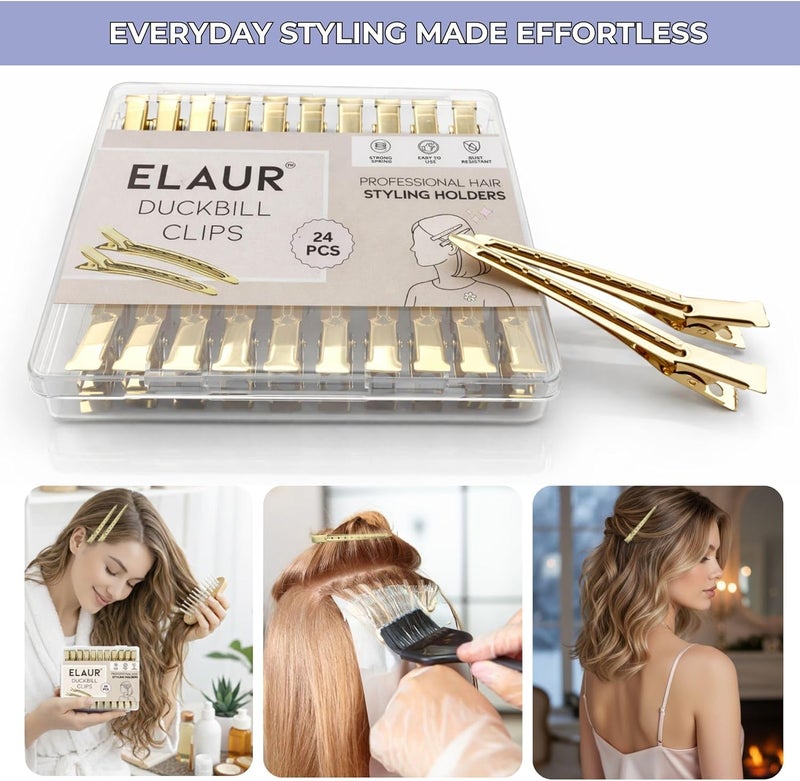 ELAUR 24-Pack Duck Bill Hair Clips – 3.5" Rustproof Metal Alligator Clips with Holes for Hair Styling & Sectioning – Salon & Home Use (Gold) - Image 3