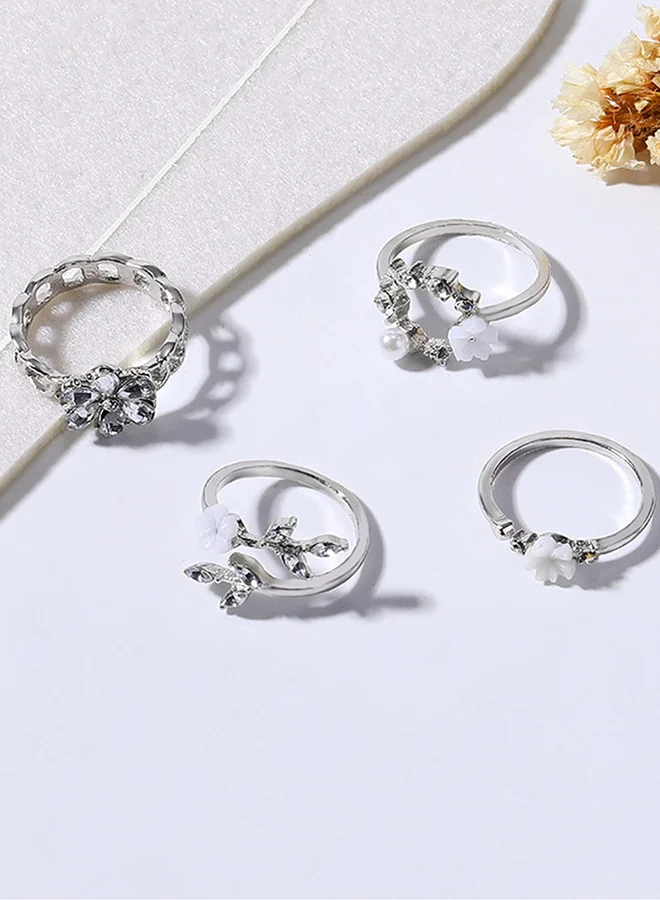 تايك تو Set of 4 - Faux Pearl and Flower Accent Ring