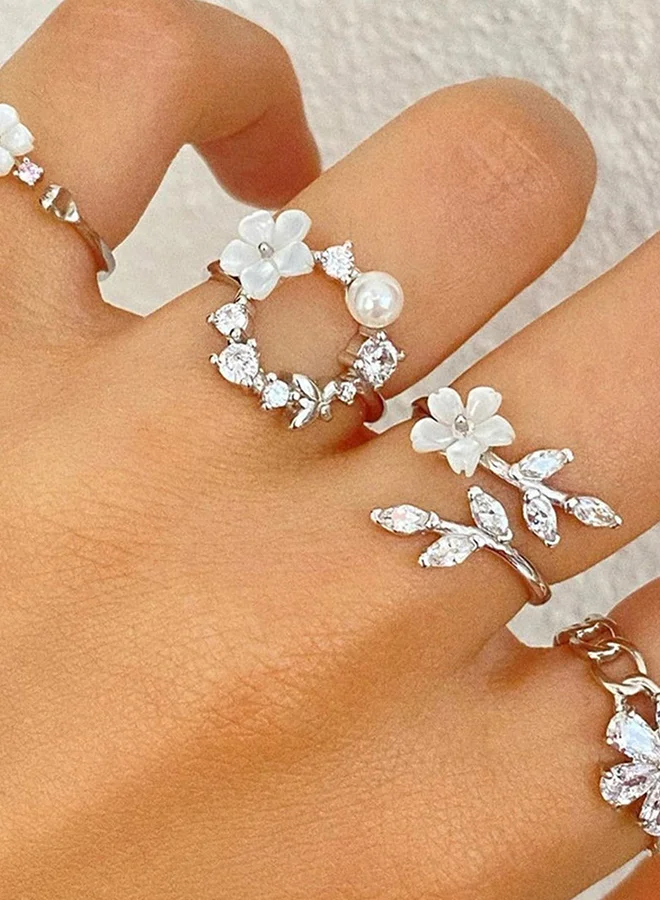 تايك تو Set of 4 - Faux Pearl and Flower Accent Ring