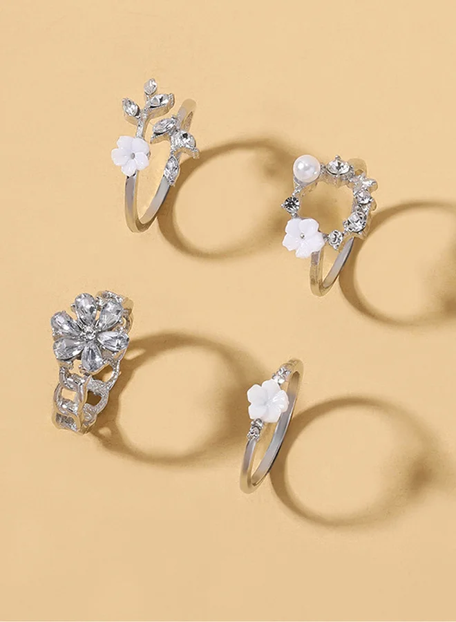 تايك تو Set of 4 - Faux Pearl and Flower Accent Ring