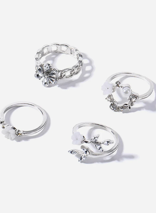 تايك تو Set of 4 - Faux Pearl and Flower Accent Ring