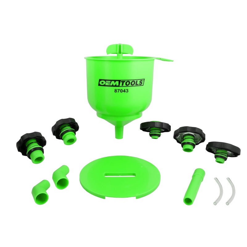 OEMTOOLS 87043 NoSpill Professional Quality Coolant Funnel Kit Easily Fill Antifreeze Coolant Set Includes 5 Adapters Extensions and Automotive Funnel Air Venting DripFree Green