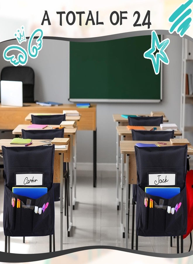 Tisancy مجموعة تيسانسي المكونة من 24 قطعة من جيوب الكراسي السميكة للفصول الدراسية، مخطط جيوب الكراسي، منظم ظهر مقعد الكرسي مع بطاقة اسم، مستلزمات تنظيم الفصول الدراسية كهدية عيد الميلاد للطلاب (أسود) - Image 4