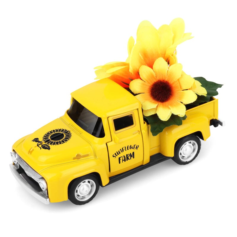 Lemicin Sunflower Vintage Metal Truck Mini Metal Farm Truck Decor with Sunflower Bouquet Farmhouse Rustic Pickup Tiered Tray Decor for Home Kitchen Shelf Table Decor Yellow - Image 1