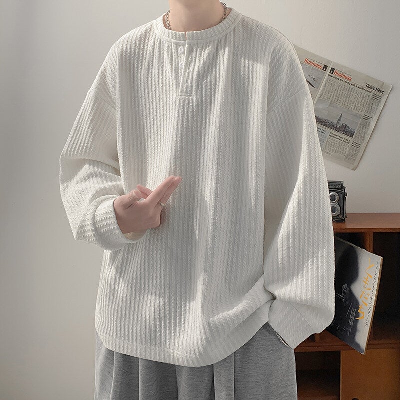 Henry Collar Texture Long-Sleeved T-Shirt Men'S Spring Loose Trendy Brand Fashionable Heavy Base Shirt - Image 1