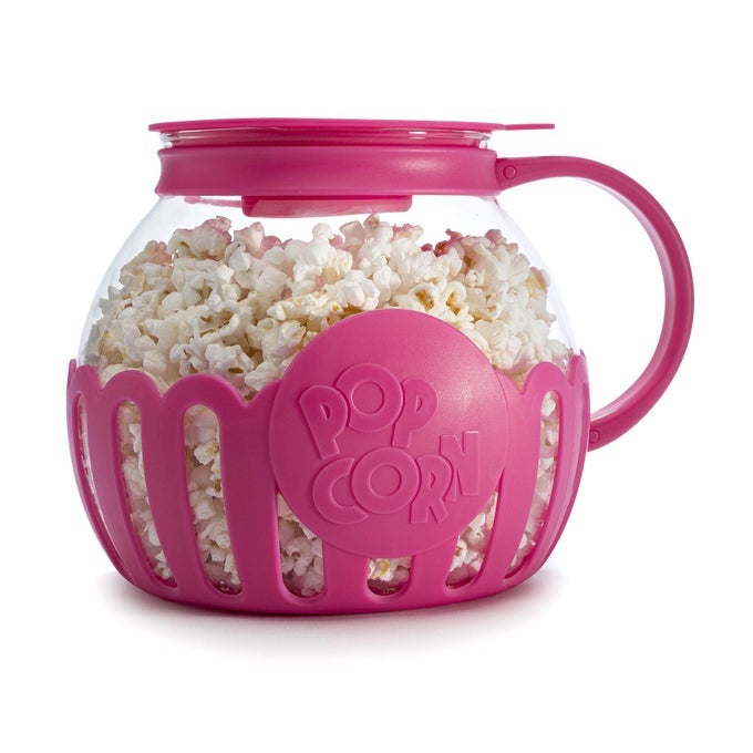 PATENTED MICROPOP MICROWAVE POPCORN POPPER WITH TEMPERATURE SAFE GLASS 3IN1 LID MEASURES KERNELS AND MELTS BUTTER MADE WITHOUT BPA DISHWASHER SAFE 3QUART HOT PINK