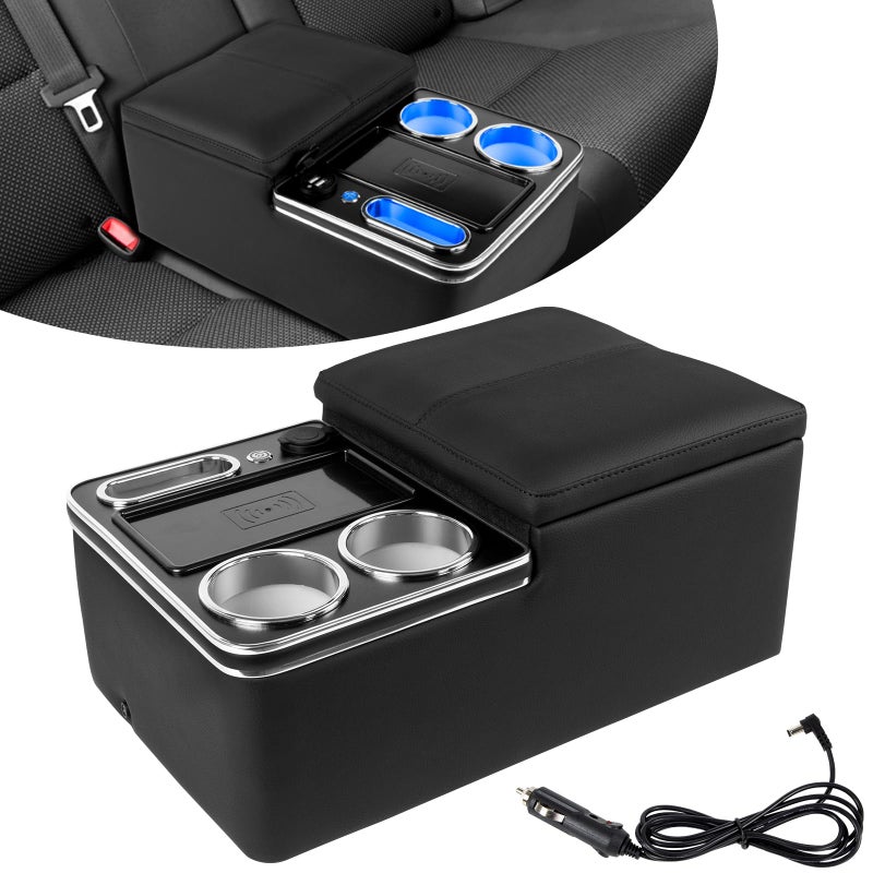 Car Center Console Armrest Organizer with Wireless Charging Fast Charging LED Light Cup Holder Phone Holder Rear Bench Seat Consoles with Armrest Middle Storage BoxTruck Seat Organizer for Van