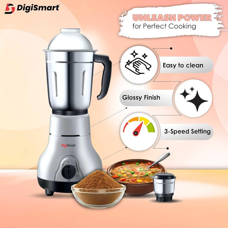 DigiSmart Kitchen Mate Powerful 600 Watt Mixer Grinder Gray and Black 2 Jar Comes With 2 Year Warranty BLACK GRAY - Image 3