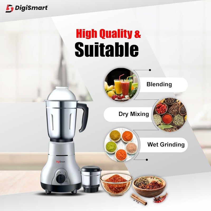 DigiSmart Kitchen Mate Powerful 600 Watt Mixer Grinder Gray and Black 2 Jar Comes With 2 Year Warranty BLACK GRAY - Image 4